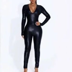 Naked wardrobe Black Faux Leather Long Sleeve Jumpsuit